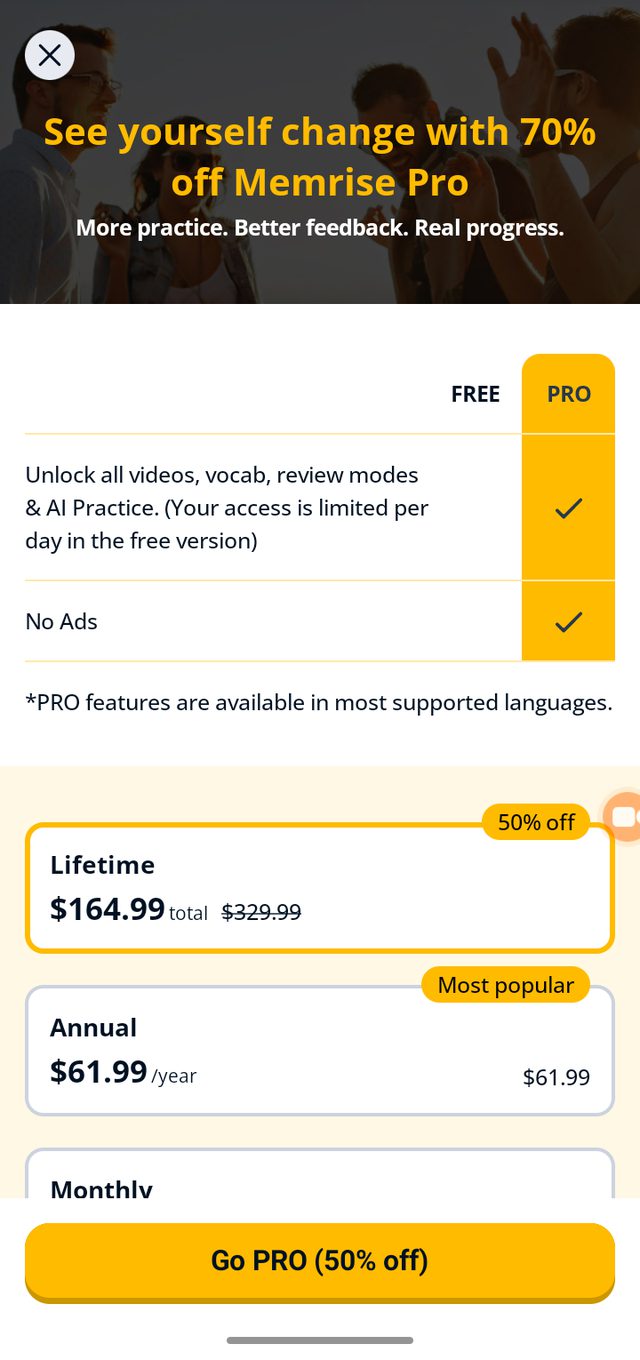 Memrise — The free tier is capped by the day, and the discount numbers don't line up