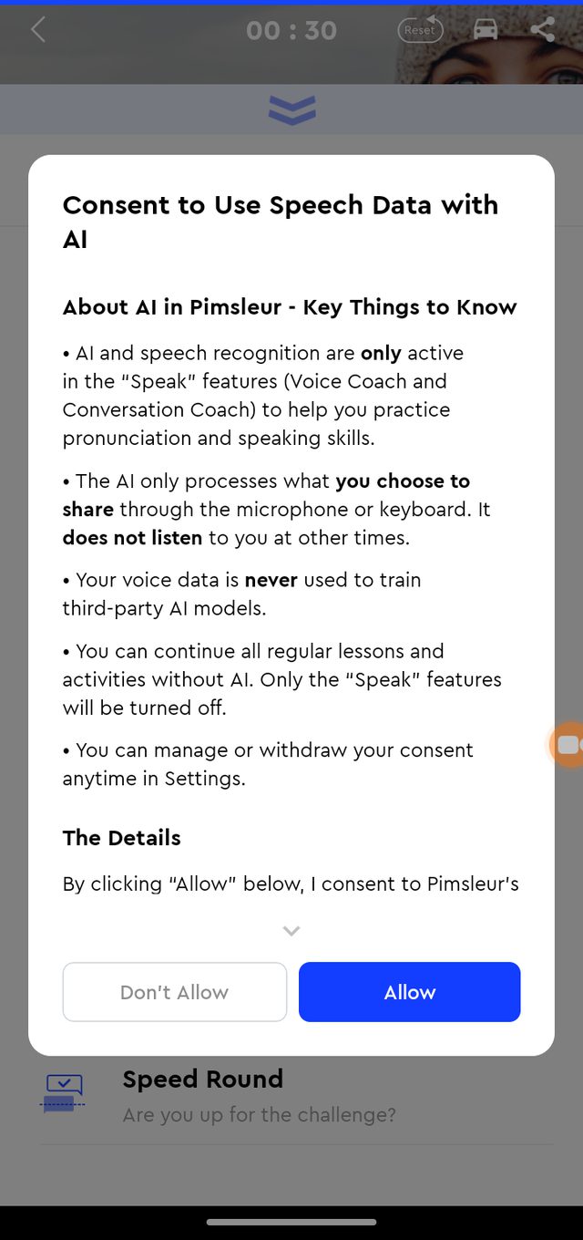 Pimsleur — The clearest AI consent notice we've seen in this category